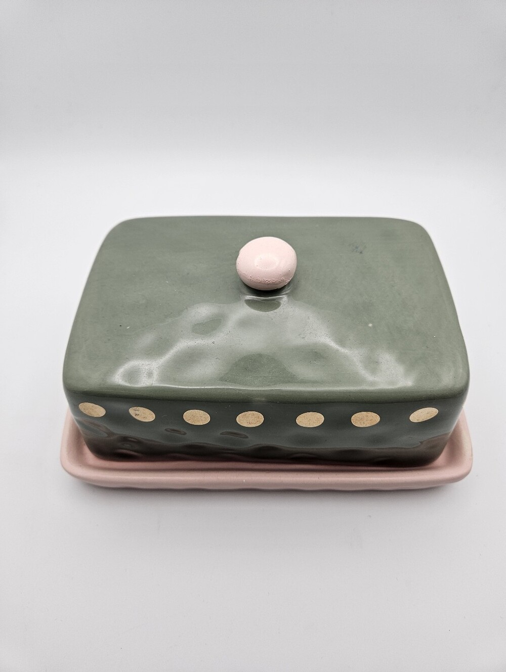 Source Unknown Green and Pink Ceramic Butter Dish with Gold Dots